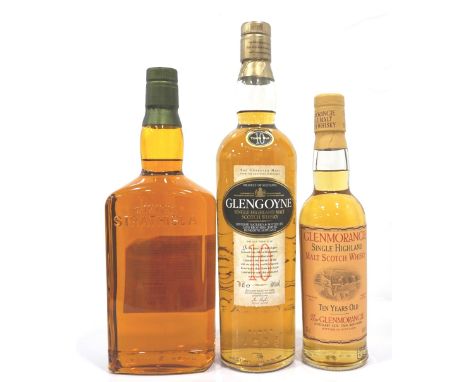 THREE SINGLE MALTSA bottle of the Glengoyne 10 Year Old Single Malt Scotch Whisky.  70cl.  40% abv.  In original tube.  Level