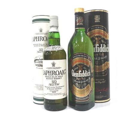 GLENFIDDICH & LAPHROAIGTwo bottles of very different Single Malt Scotch Whiskies.  Glenfiddich Special Old Reserve Pure Malt 