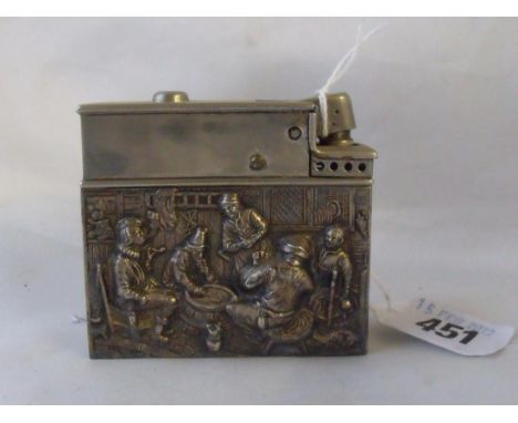 Large cigarette lighter with continental  sleeve embossed with figures 3.75” wide  900 standard         