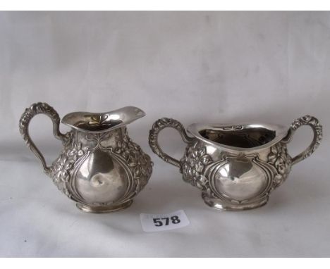 American art nouveau cream jug and  sugar basin heavily embossed 5” over handle  130g         