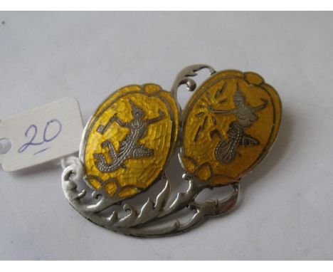 Large yellow enamel and silver brooch  5cm wide 9.7g       