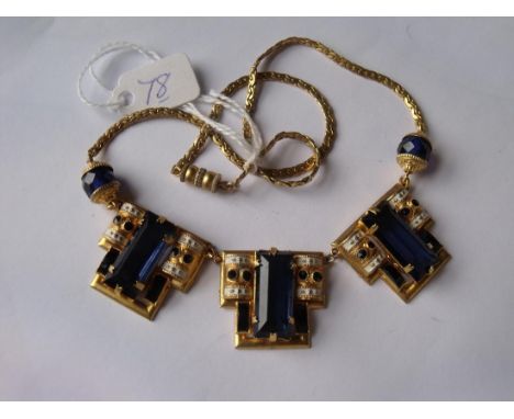Unusual vintage Art Deco style enamel and blue stone gilded  necklace        