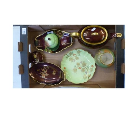 Carltonware Rouge Royale Teapot, Oval Bowl, Lidded Trinket Pot, Green Vase and Plate (6) 
