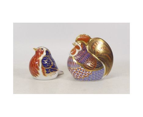 Two Royal Crown Derby Paper Weights to include robin gold stopper and cockerel silver stopper 