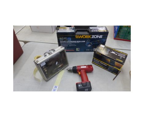 Workzone 310W Sanding Roller, Cougar Orbital Sander, Workshop Speed Craft Set and Power Drill. (4) 