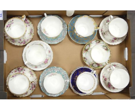 A collection of Royal Albert cups and saucers to include Enchantment, Tranquillity, Cottage Garden, Celebration, Lavender Ros