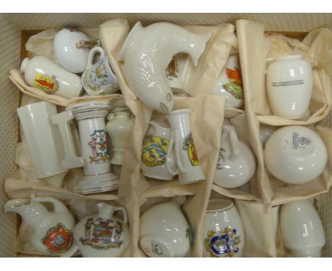 A collection of crested ware to include W H Goss, Arcadian , vases, fish jugs etc ( 1 tray) 