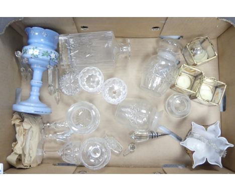 A mixed collection of items to include blue glass lustre with droplets, decanter, storage jars, handkerchief basket, etc (1 t