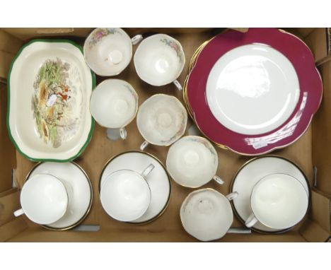 Six Royal Albert Lady Carlyle cups, 3 Minton Saturn cups &amp; saucers, Spode Compliments side plates and Spode The Hunt dish