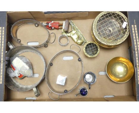 A collection of metal ware to include silver condiment pot, potpourri vases, brass dish and dog figure etc ( 1 tray) 
