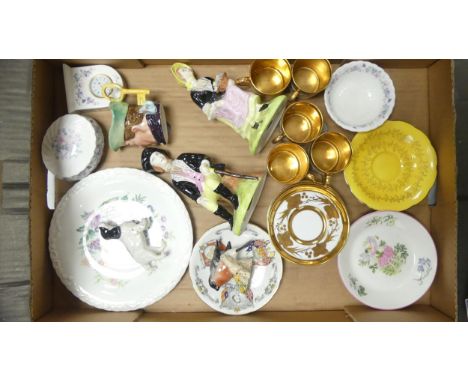 A mixed collection of items to include Beswick Bullfinch, Jubilee china figurines, Beswick spaniel, coffee cans &amp; saucers