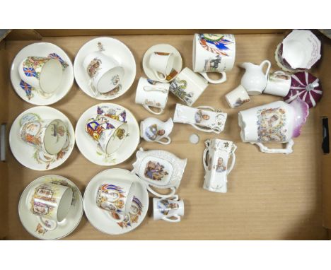 A collection of commemorative ware to include cups and saucers, vases, jugs, etc (1 tray) 