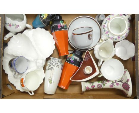 A mixed collection of items to include Chinese lantern vase, Shelley vases with fruit boarder, candle stick, Carlton Ware can