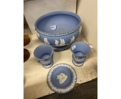 Four Wedgwood Blue Jasperware items to include Fruit Bowl, Two Small Vases and one Trinket Dish (4) 