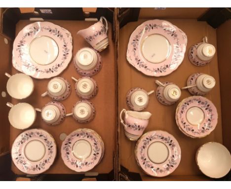 Regency pink and floral tea ware items to include 2 cake plates, 2 milk jugs, 2 sugar bowls, 10 cups, 12 saucers and 12 side 