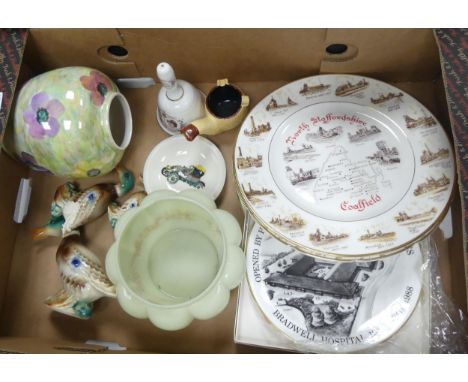A mixed collection of items to include duck figures, North Staffordshire decorative wall plates, Crown Devon ginger jat, comm