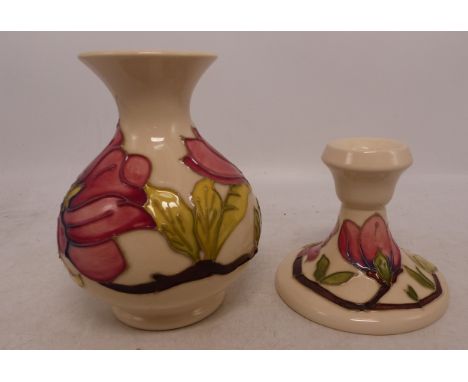 Moorcroft Pink Magnolia Candlestick together with Moorcroft Pink Magnolia on cream ground vase. Height of vase 14cm (2) 