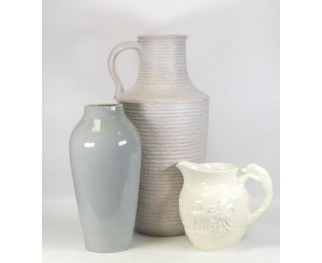 Large West Germany handled vase together with Dilford studio pottery vase and Wedgwood hunting scene jug (3) 