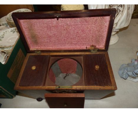George III Sarcophagus Tea Caddy with inlaid borders. Lead Lining not present. On Bun Feet with one missing. Height: 17cm 