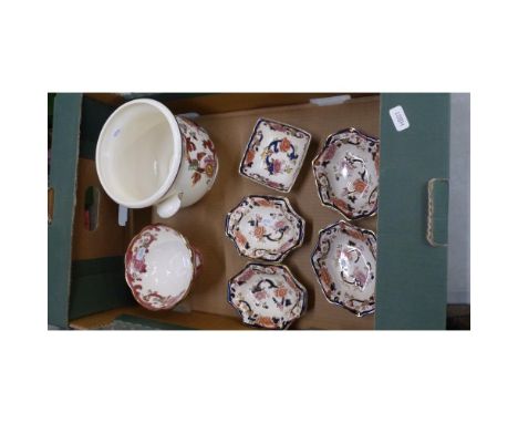 A collection of Red and blue Masons Mandalay items to include Red Mandalay footed bowl and planter together with 4 Blue Manda