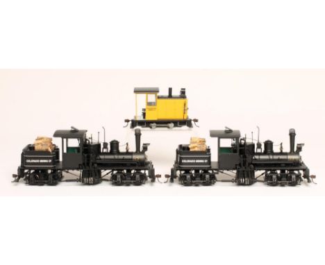 Three Bachmann O-N3 narrow gauge locomotives comprising two Shay locomotives and a 0-4-0 Diesel Locomotive "Pocahontas", all 