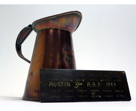 Austin Ephemera  Comprising a large copper water jug for oil/water level top-ups, stamped 'Austin Aero', a Bakelite cribbage 