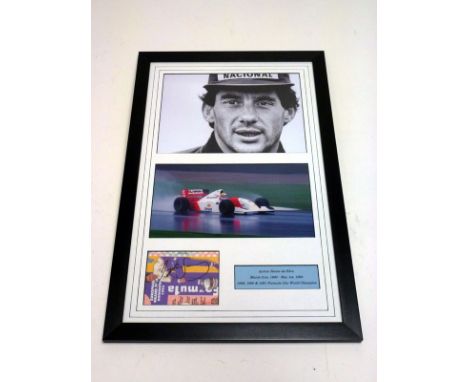 Ayrton Senna Hand-Signed Photographic Presentation  Comprising two large-format photographs, mounted alongside an original us