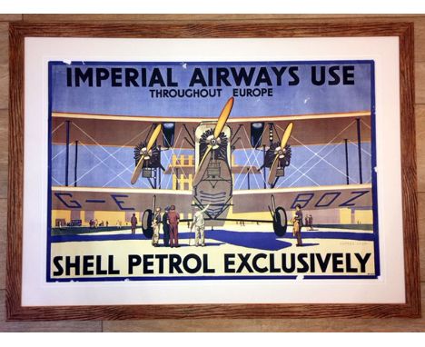 A Rare Shell Petrol Advertising Poster  Features striking artwork by Dacres Adams depicting a tri-engine pre-war aircraft, wi