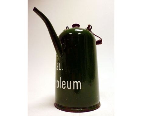 A Rare and Early Petrol Engine Priming Tap  A 3-litre priming kettle in green stove enamel with decorative 'Petroleum' script