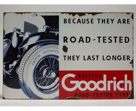 Goodrich Tyres Enamel Sign, Featuring W.O Bentley Pictorial  Double sided, flange mounted, in black, grey and red on white, d