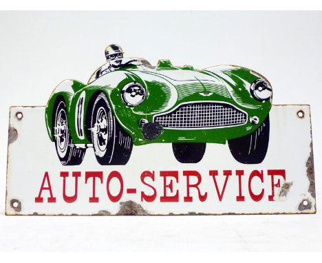 Aston Martin Pictorial Enamel Sign  Auto-Service' sign featuring large image of DB3 S at speed in green and black on white ba