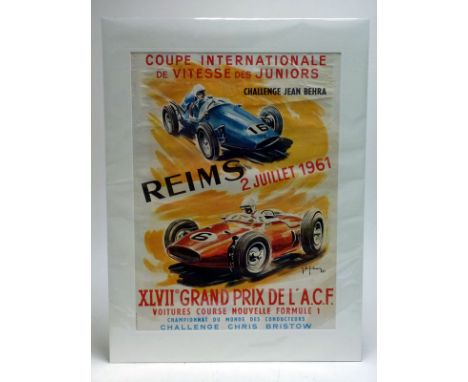 Original French Grand Prix Advertising Poster, 1961  Held at the Rheims circuit on July 2nd 1961, featuring the 'Jean Behra C