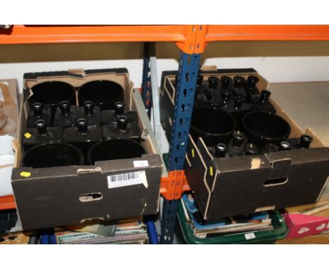 TWO BOXES OF MODERN BLACK CERAMIC VASES AND BOTTLES 