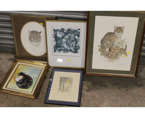 A COLLECTION OF CAT RELATED PICTURES AND PRINTS COMPRISING AN OIL ON CANVAS ENTITLED 'COALHOUSE' , SIGNED ABSTRACT ARTISTS PR