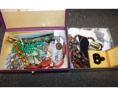 TWO BOXES OF COSTUME JEWELLERY TO INCLUDE BEADED NECKLACES WOMENS LEAGUE OF HEALTH AND BEAUTY ENAMEL PIN BADGES ETC. 