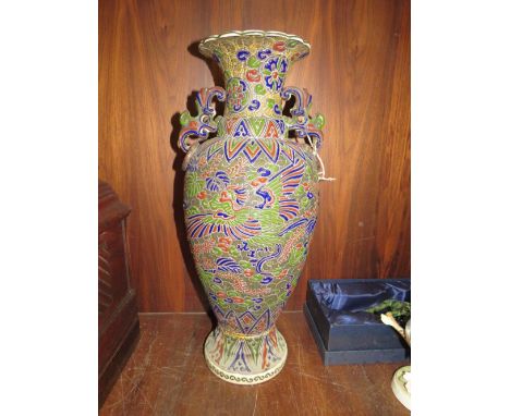 A LARGE ORIENTAL SATSUMA STYLE CERAMIC TWIN HANDLED VASE - RESTORED TO BASE H-46CM 