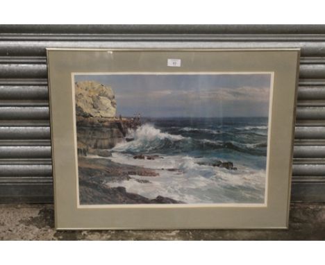 A SIGNED LIMITED EDITION PRINT SEASCAPE WITH FISHERMEN BY DINO, GARAVANO 98/350 - H 44CM BY 60 CM