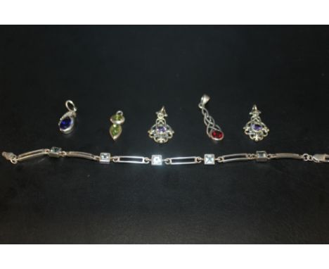 A VINTAGE SILVER LADIES GEMSTONE BRACELET TOGETHER WITH A PAIR OF AMETHYST PENDANTS AND THREE OTHER GEMSTONE PENDANTS
