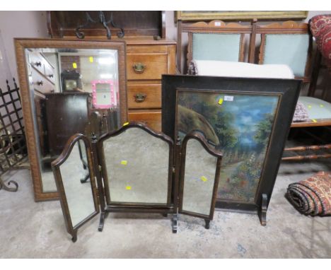 A VINTAGE SILK PAINTED FIRE SCREEN WITH TRIPLE BEDROOM MIRROR AND WALL MIRROR (3)