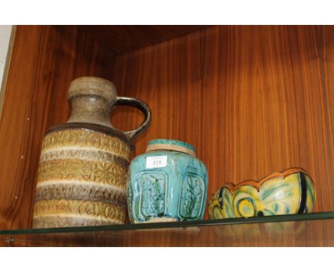 A LARGE RETRO WEST GERMAN JUG TOGETHER WITH AN ORIENTAL OCTAGONAL HEXAGONAL GINGER JAR A/F/ WITH CHARACTER MARK AND A PLANTER