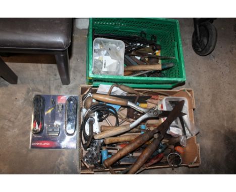 TWO BOXES OF ASSORTED HAND TOOLS AND PARTS ETC