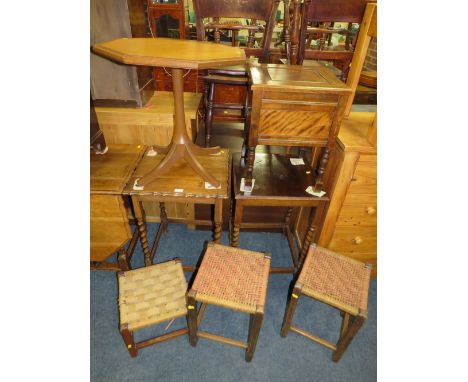 TWO OAK BARLEYTWIST OCCASIONAL TABLES, A TEAK OCCASIONAL TABLE  A COMMODE AND THREE STOOLS  (7)