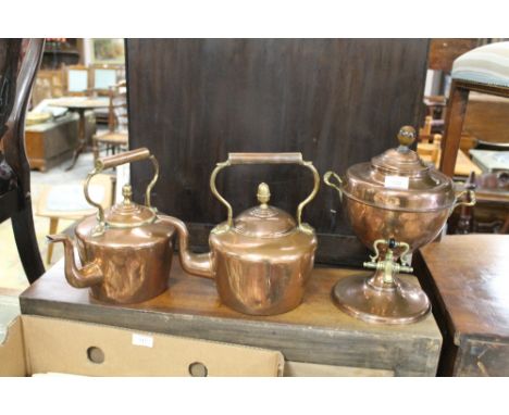 TWO VINTAGE COPPER KETTLES AND A COPPER SAMOVOIRE 