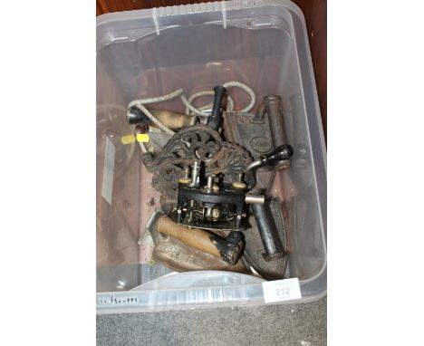A BOX OF VINTAGE IRONS ETC