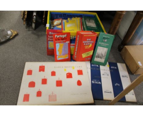 A BOX OF ORDNANCE SURVEY MAPS, TOGETHER WITH TWO EARLY MOTOR CARS BOOKS BY GEORGE A OLIVER