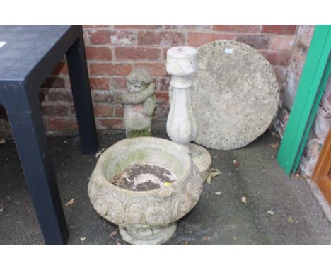 A CONCRETE GARDEN TABLE, PLUS A FIGURE AND PLANTER ON PLINTH (3)