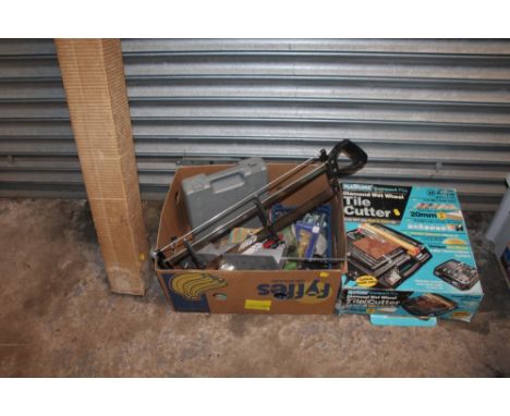 A QUANTITY OF TOOLS TO INC A BOXED TILE CUTTER