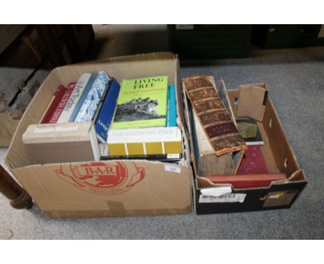 TWO BOXES OF ASSORTED VINTAGE AND MODERN BOOKS TO INCLUDE AN ANTIQUE LEATHER BOUND HOLY BIBLE A/F, ART BOOKS ETC.