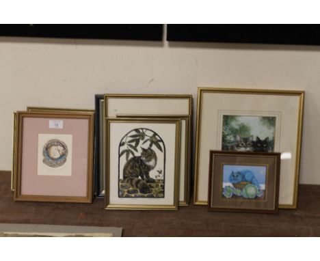 A COLLECTION OF CAT RELATED PICTURES AND PRINTS TO INCLUDE WATERCOLOURS, SIGNED LIMITED EDITION WOODBLOCK PRINTS BY R. SAMARA