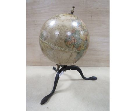 A VINTAGE GLOBE ON FOLDING TRIPOD BASE - DENTED 